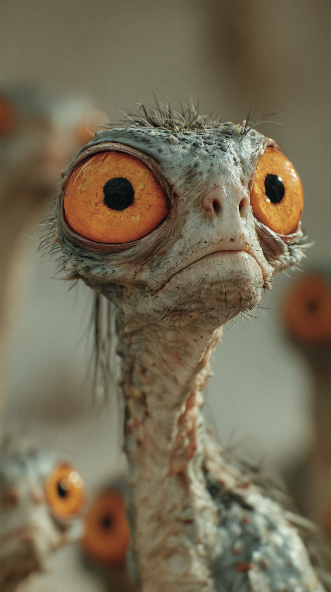 Long-necked creature with oversized orange eyes